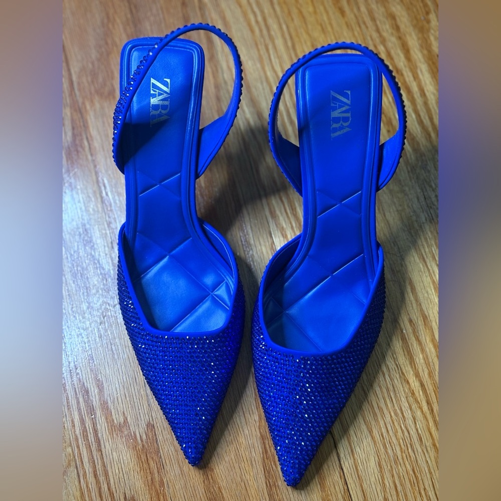 ZARA Royal Blue Rhinestone Slingback Heels – Statement Shoes ✨ WORN ONCE - Picture 6 of 6